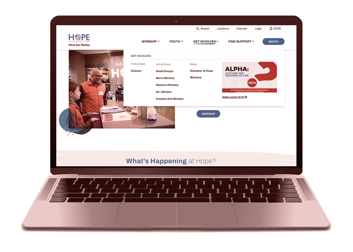 Laptop display of Hope website with dropdown menu open from main navigation